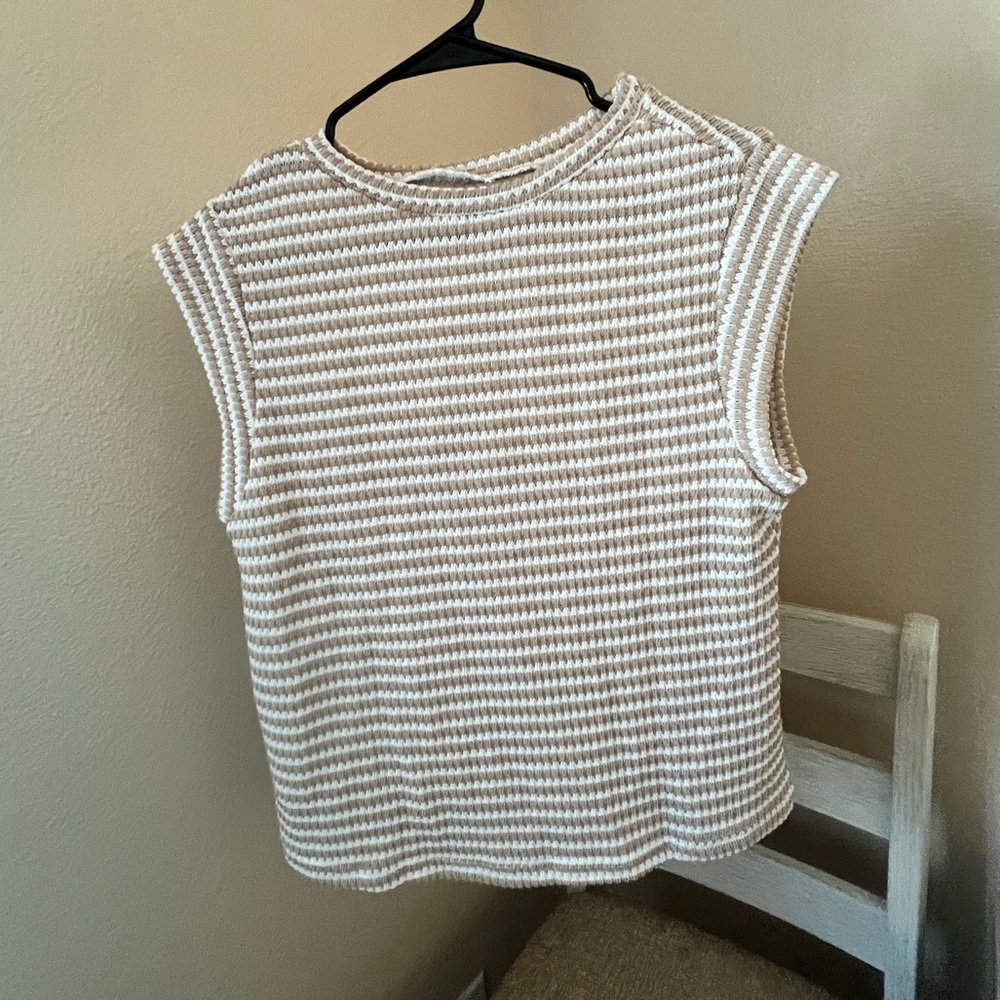 White & Tan Striped Women’s Top
